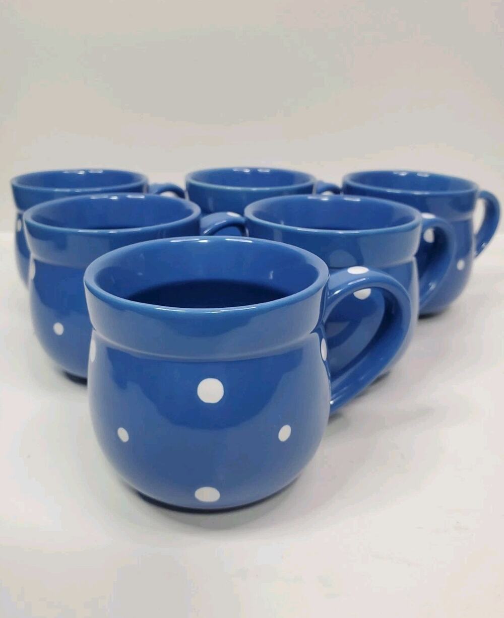 6 Temp-Tations Polka Dot Cups 12 oz Mugs Temptations By Tara Blue Dots